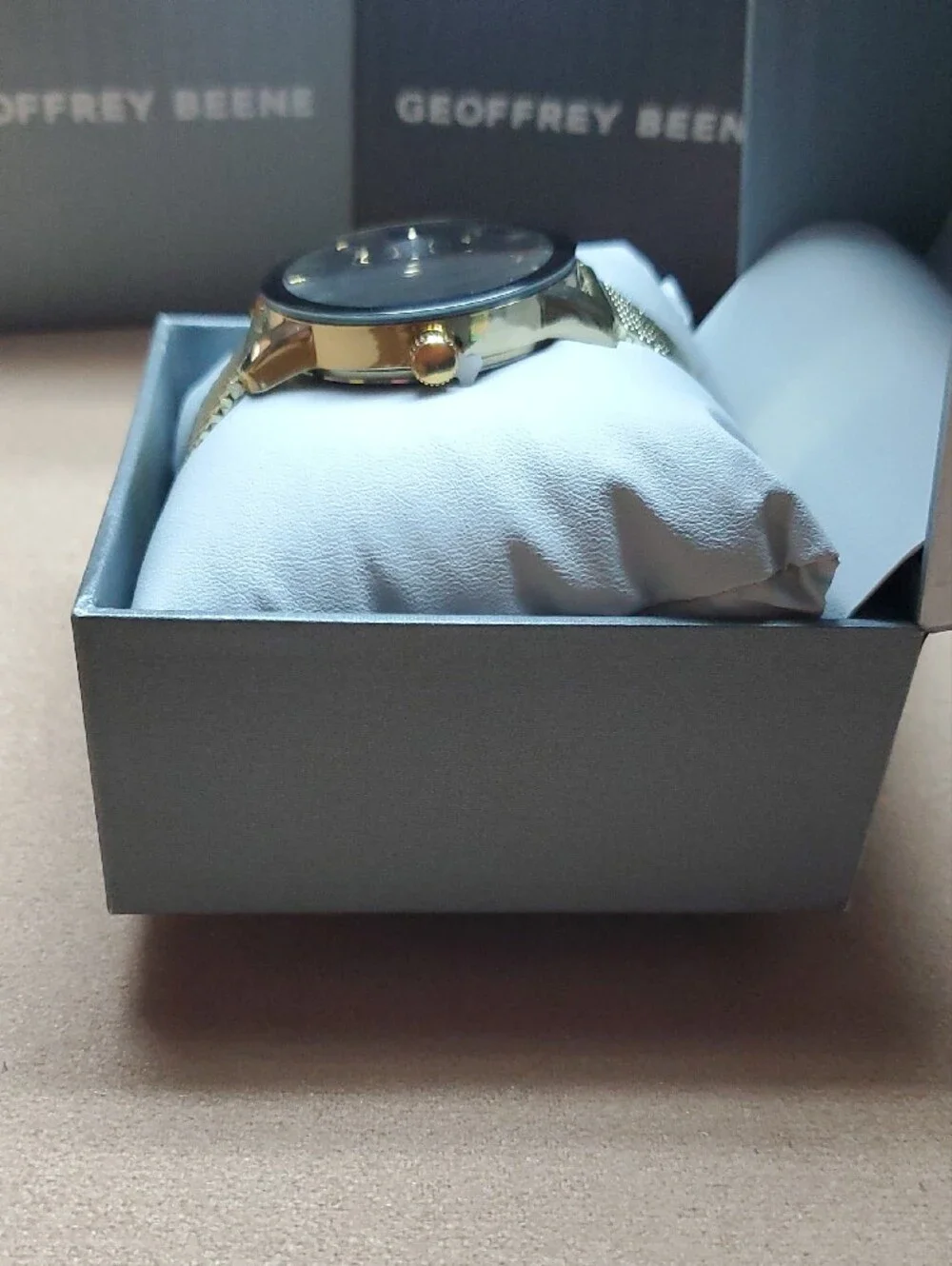 Geoffrey Beene Gold Tone Mesh Bracelet Watch with Black Dial